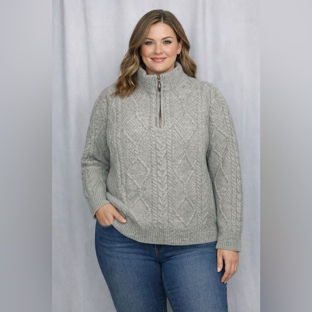 Blarney Woolen Milld Ireland Aran Originals Quarter Zip Cable Knit Gray Sweater.